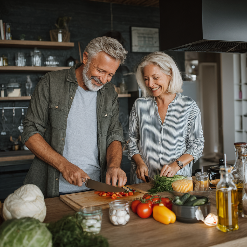 Middle-aged adults enjoying healthy meal preparation in modern kitchen