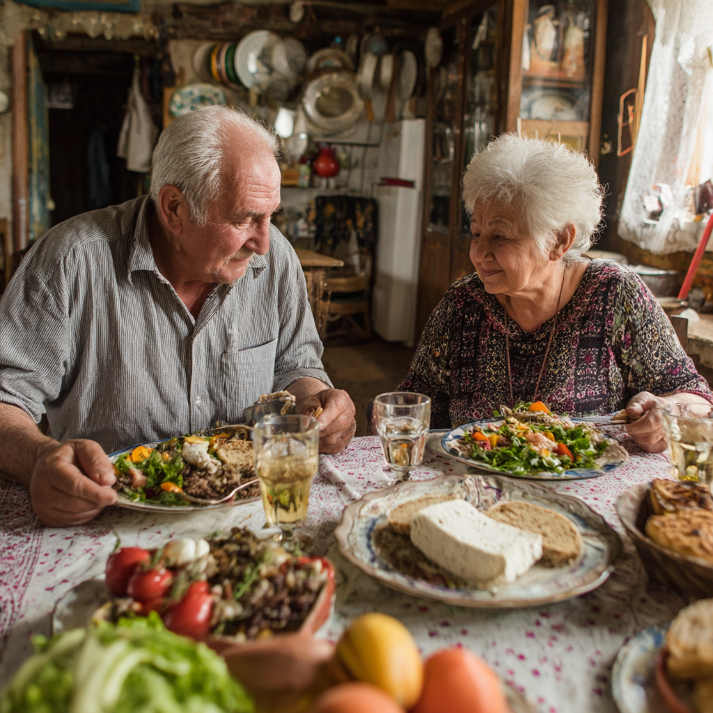 Older adults sharing nutritious meal together at home dining table